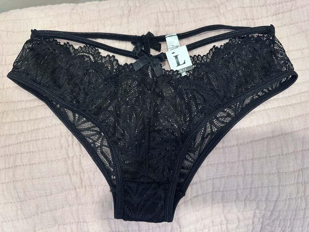 Women's Black Lace Cheeky Panties with Double Straps and Bow Accent Size L